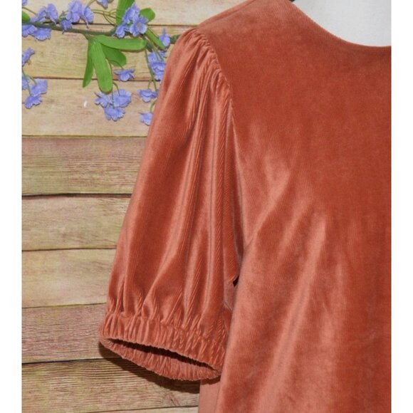 THML Fall Women Size L Corduroy Orange Rust Puff Short Sleeve Top Shirt Soft - Picture 3 of 9